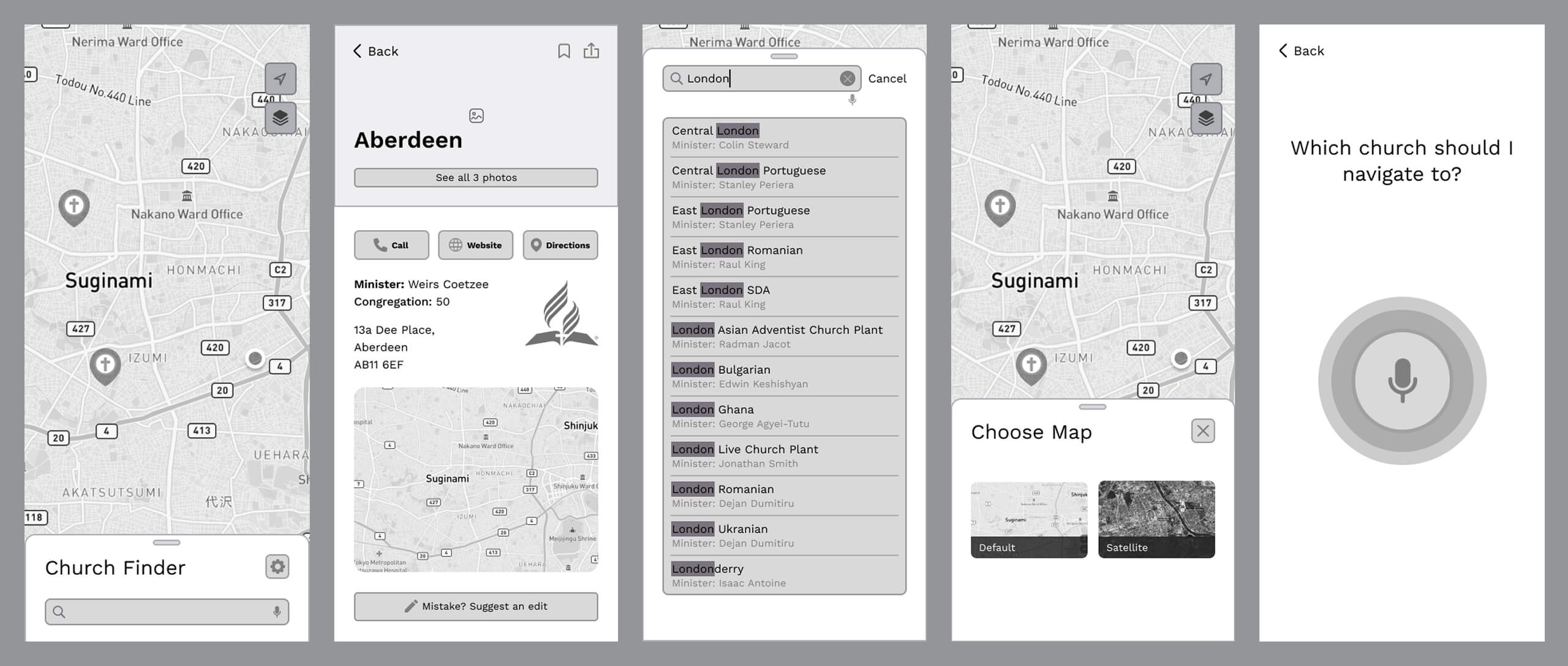 High-fidelity wireframe for Church finder app